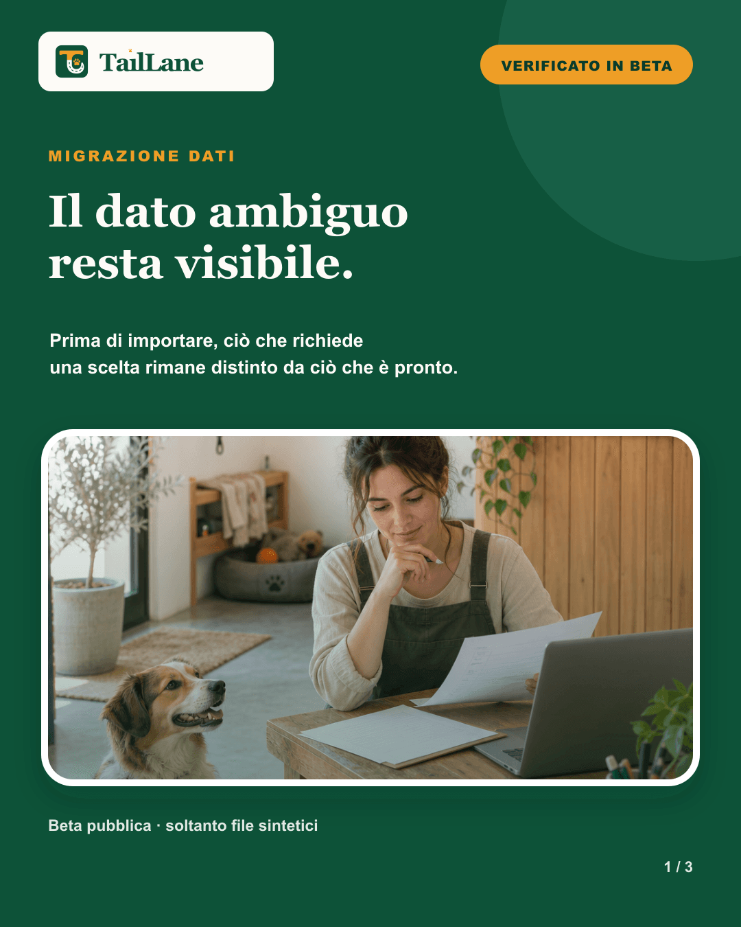 Carosello TailLane verde con wordmark approvato, badge Verificato in beta, titolo Il dato ambiguo resta visibile e fotografia editoriale di una professionista pet care che confronta documenti accanto a un portatile, con un cane rilassato. Una nota specifica che la beta usa soltanto file sintetici.