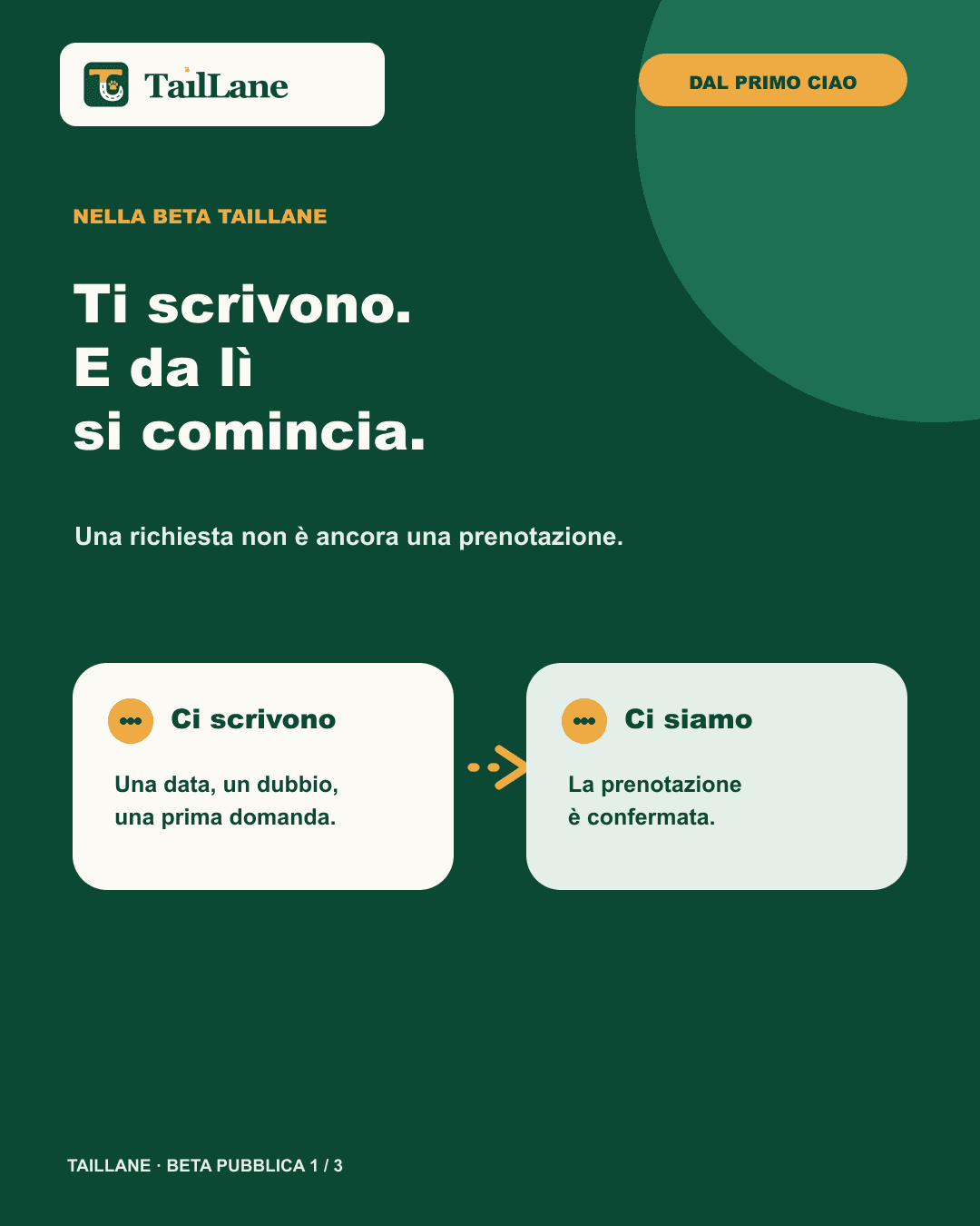 Carosello TailLane verde con wordmark approvato e titolo Ti scrivono. E da lì si comincia. Due schede astratte, Ci scrivono e Ci siamo, raccontano il passaggio dalla prima domanda alla prenotazione confermata; non compaiono schermate o dati personali.