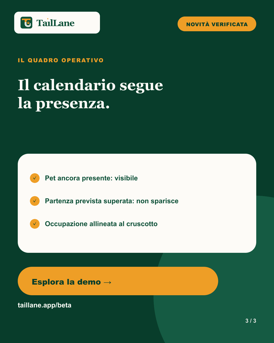 Carosello TailLane verde scuro con titolo Il calendario segue la presenza, tre punti verificati sulla visibilità del pet, l'orario previsto superato e l'allineamento con il cruscotto, più l'invito a esplorare la demo pubblica.