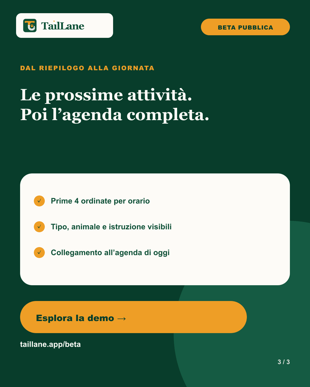 Carosello TailLane verde scuro con titolo Le prossime attività. Poi l’agenda completa, tre punti verificati sul riepilogo del Cruscotto e invito a esplorare la demo pubblica.