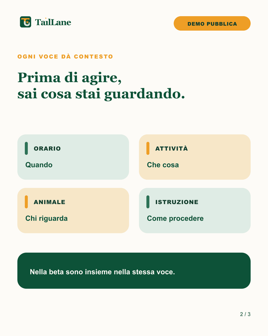 Carosello TailLane chiaro con titolo Prima di agire, sai cosa stai guardando e quattro schede: orario, attività, animale e istruzione. Una nota indica che nella beta questi elementi sono insieme nella stessa voce.