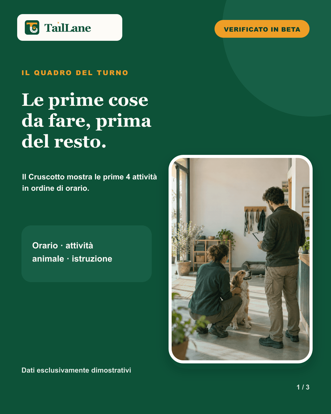 Carosello TailLane verde con wordmark approvato, badge Verificato in beta e titolo Le prime cose da fare, prima del resto. A destra, due professionisti pet care durante il passaggio di consegne con un cane rilassato; a sinistra, il testo specifica che il Cruscotto mostra le prime quattro attività in ordine di orario e che i dati sono dimostrativi.