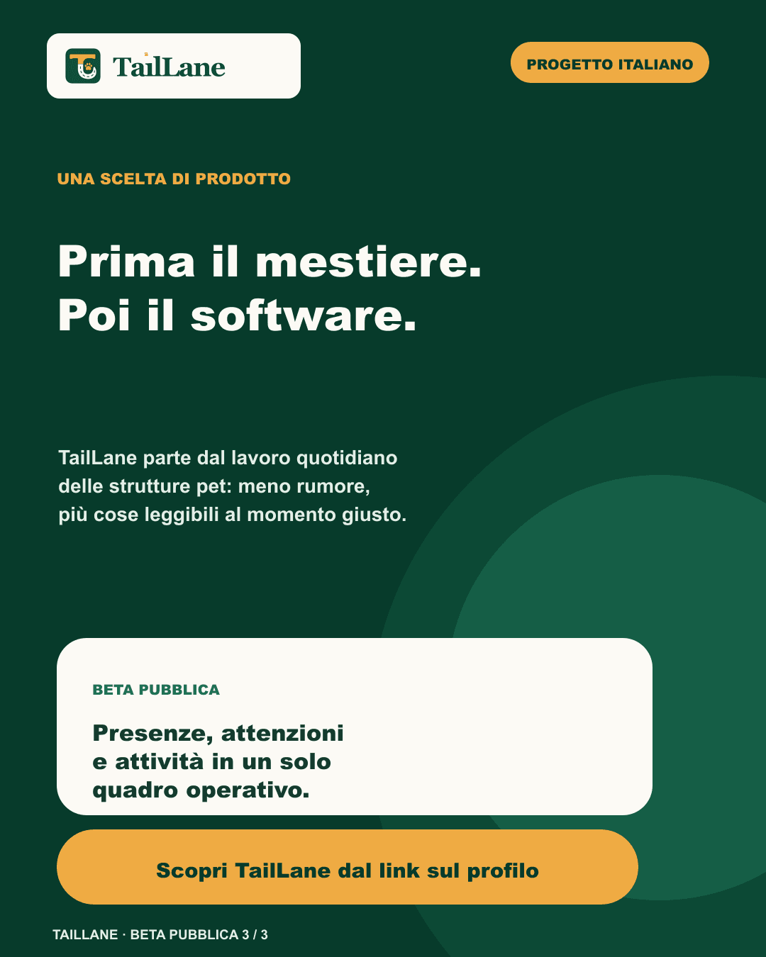 Slide verde scuro Prima il mestiere. Poi il software. con il messaggio che TailLane parte dal lavoro quotidiano delle strutture pet e riunisce presenze, attenzioni e attività in un quadro operativo; CTA neutra verso il link sul profilo.