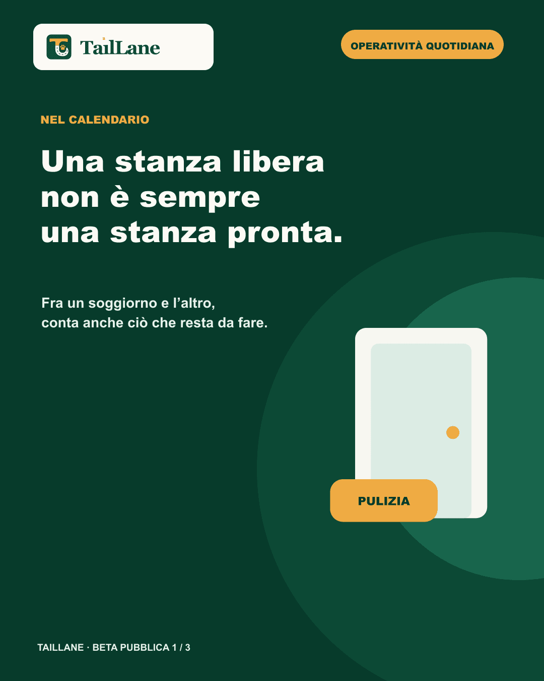 Carosello TailLane verde scuro con wordmark canonico e titolo Una stanza libera non è sempre una stanza pronta. Un’illustrazione astratta mostra una porta e una scheda Pulizia; non compaiono schermate dell’app, dati personali o marchi terzi.