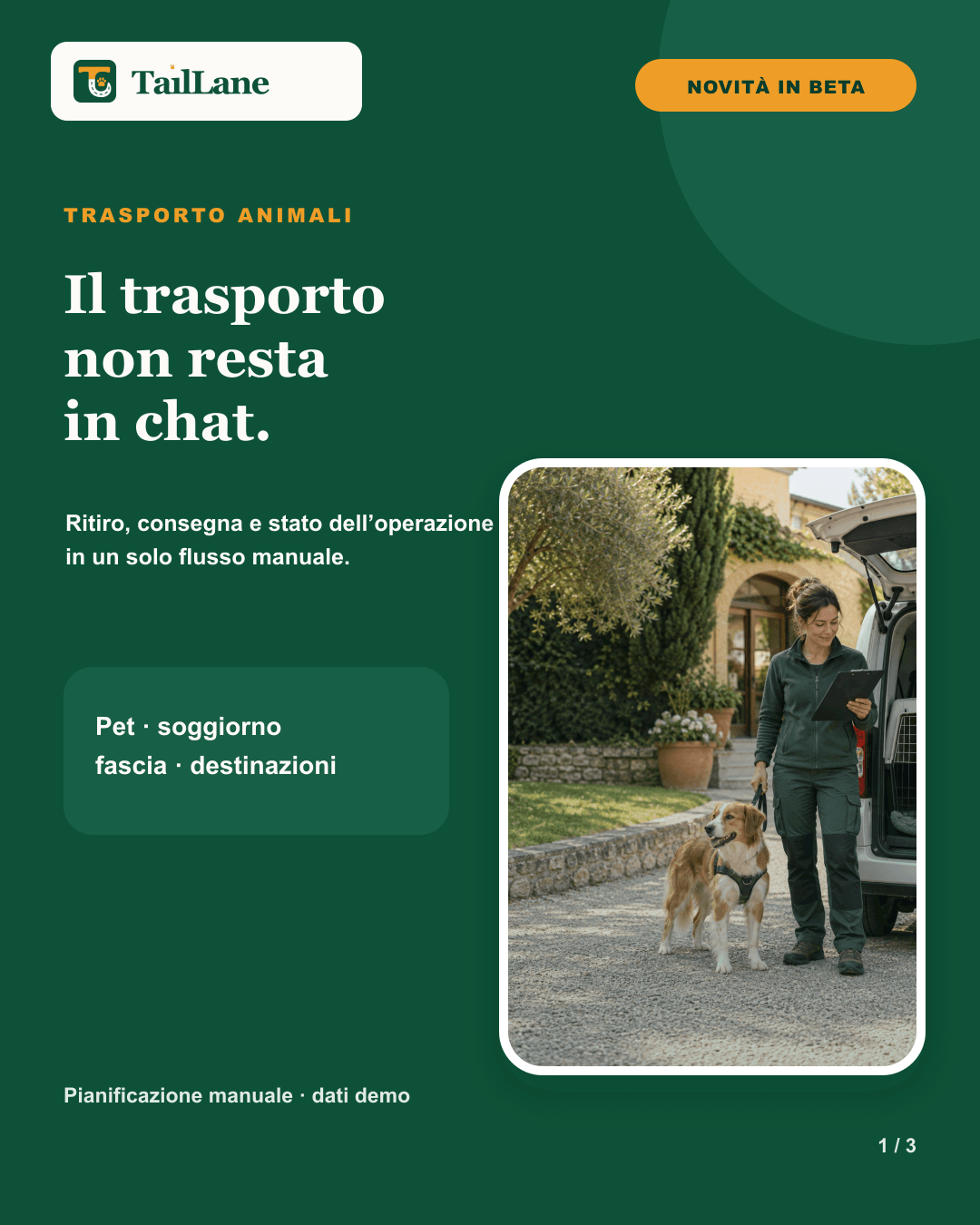 Carosello TailLane verde con wordmark approvato, badge Novità in beta e titolo Il trasporto non resta in chat. A destra, fotografia editoriale di un'operatrice pet care che controlla una scheda accanto a un cane con pettorina e a un veicolo non brandizzato; a sinistra, il testo parla di ritiro, consegna e stato dell'operazione in un flusso manuale.